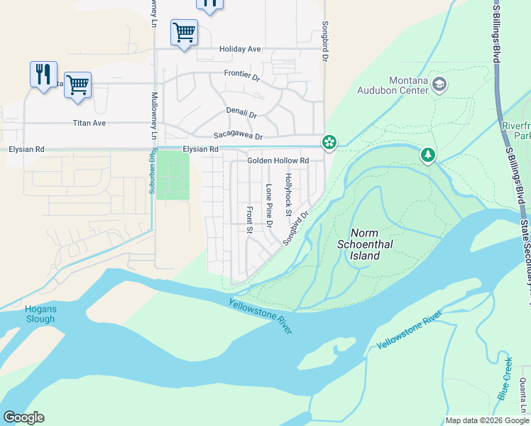 map of restaurants, bars, coffee shops, grocery stores, and more near 1724 Lone Pine Drive in Billings