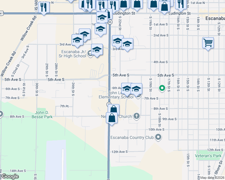 map of restaurants, bars, coffee shops, grocery stores, and more near 2101-2207 6th Ave S in Escanaba