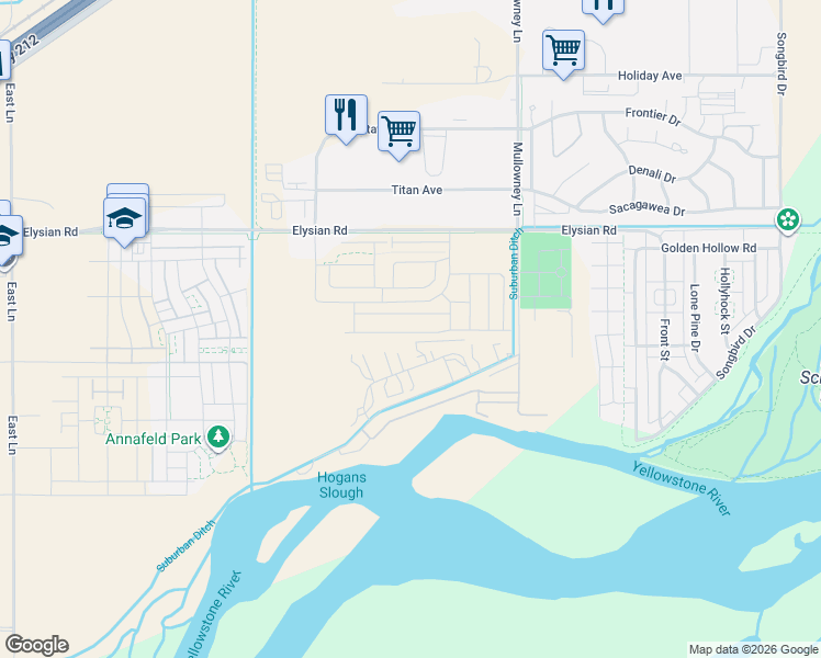 map of restaurants, bars, coffee shops, grocery stores, and more near 5908 Elysian Road in Billings
