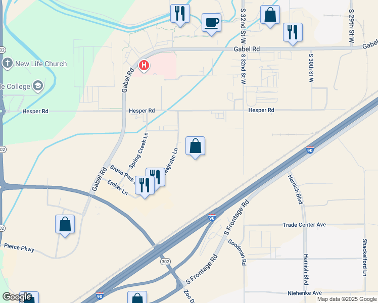 map of restaurants, bars, coffee shops, grocery stores, and more near 1725 Majestic Lane in Billings