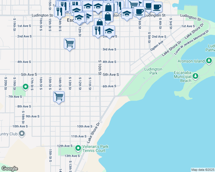 map of restaurants, bars, coffee shops, grocery stores, and more near 629 S 9th St in Escanaba