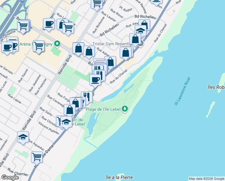 map of restaurants, bars, coffee shops, grocery stores, and more near 25 Rue Claude in Repentigny