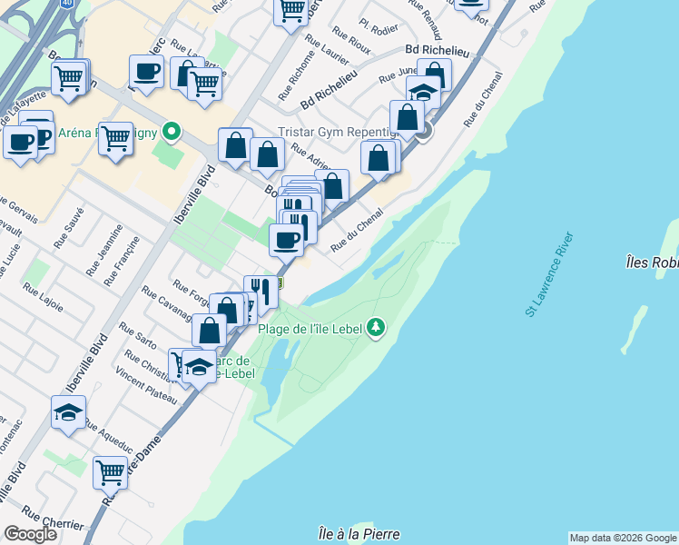 map of restaurants, bars, coffee shops, grocery stores, and more near 25 Rue Claude in Repentigny