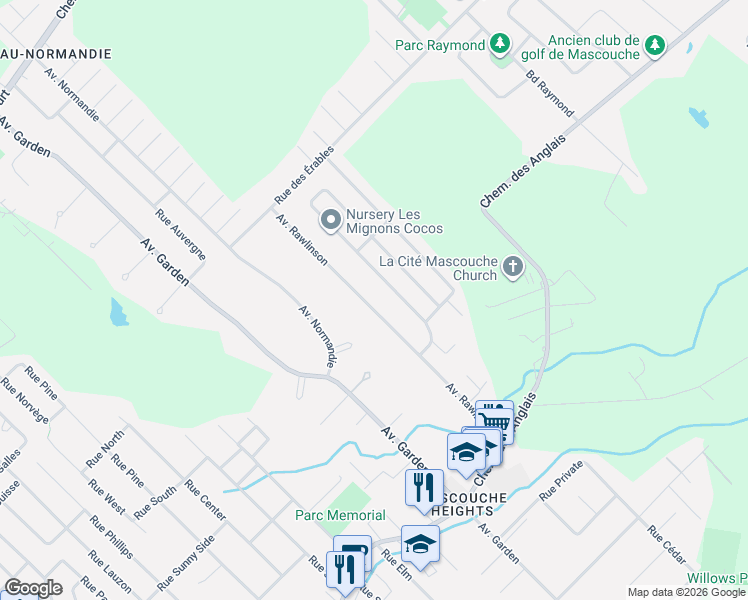 map of restaurants, bars, coffee shops, grocery stores, and more near 1483 Avenue Rawlinson in Mascouche