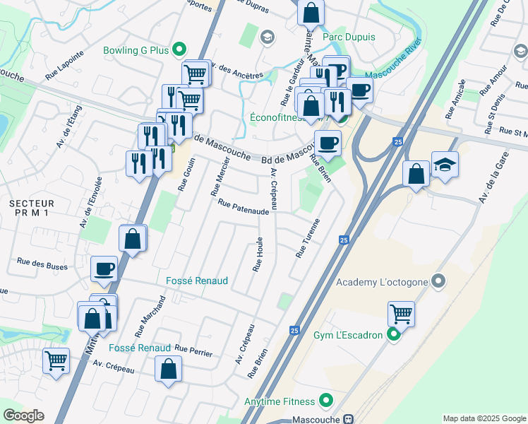 map of restaurants, bars, coffee shops, grocery stores, and more near Rue Patenaude in Mascouche