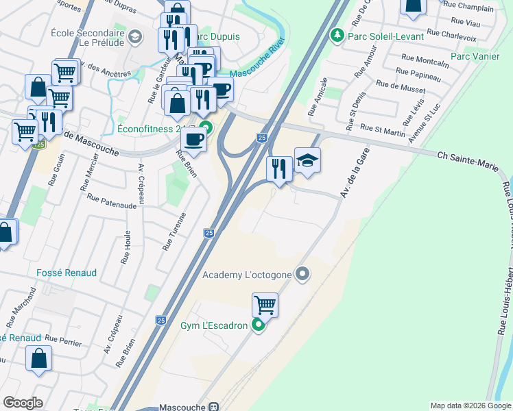 map of restaurants, bars, coffee shops, grocery stores, and more near 775 Rue Sicard in Mascouche