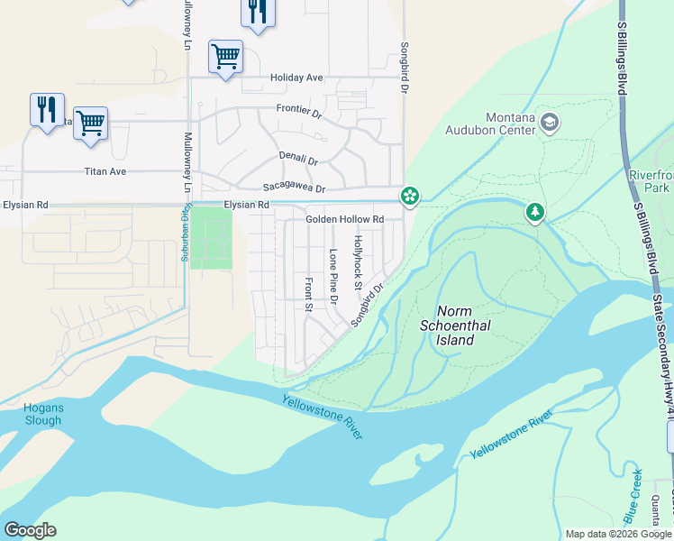 map of restaurants, bars, coffee shops, grocery stores, and more near 1727 Lone Pine Drive in Billings