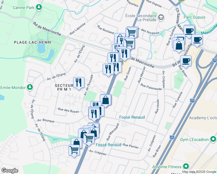 map of restaurants, bars, coffee shops, grocery stores, and more near 712 Montée Masson in Mascouche