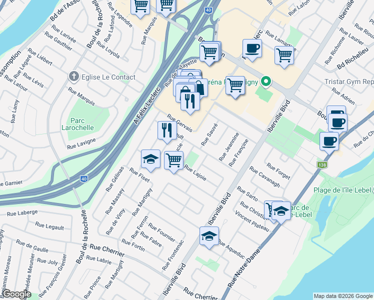 map of restaurants, bars, coffee shops, grocery stores, and more near 88 Rue Lajoie in Repentigny