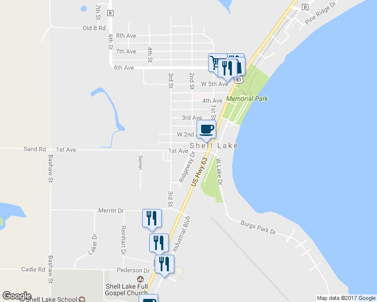 map of restaurants, bars, coffee shops, grocery stores, and more near 221 1st Avenue in Shell Lake