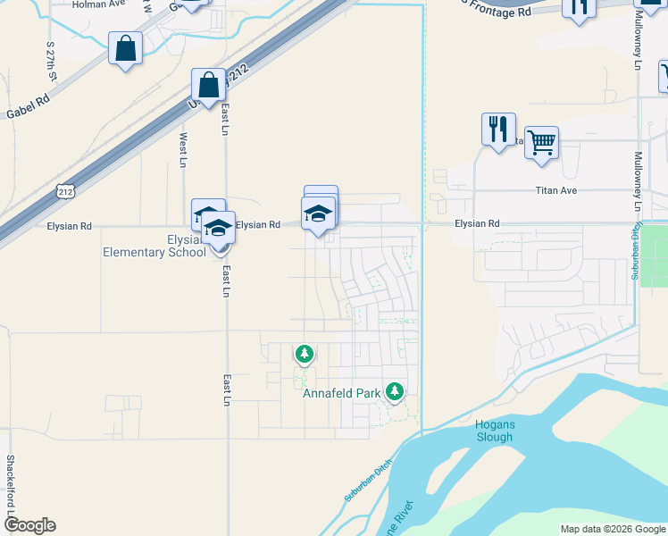 map of restaurants, bars, coffee shops, grocery stores, and more near 1619 East Lane in Billings