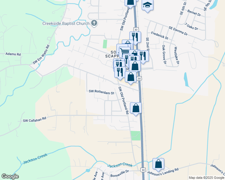 map of restaurants, bars, coffee shops, grocery stores, and more near 51276 Southwest Rembrandt Drive in Scappoose