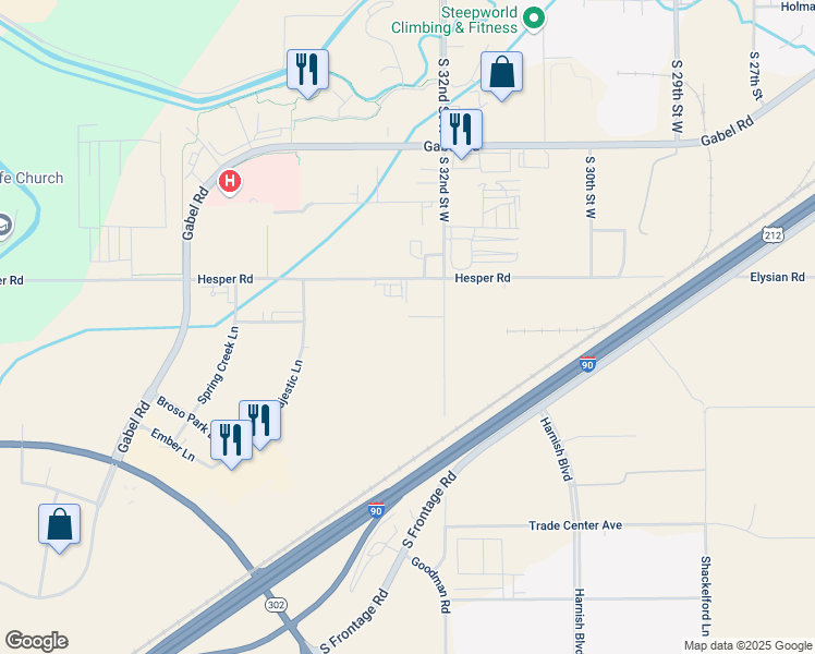 map of restaurants, bars, coffee shops, grocery stores, and more near 1630 South 32nd Street West in Billings