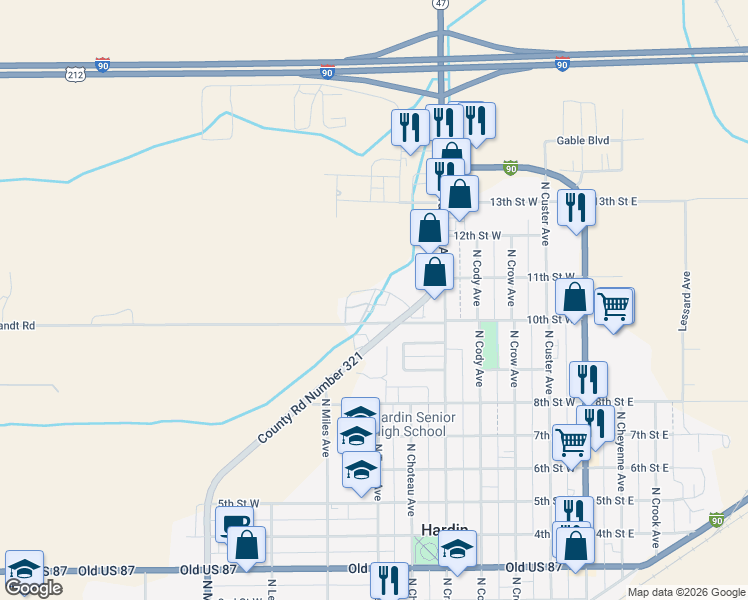 map of restaurants, bars, coffee shops, grocery stores, and more near 1002 North Mitchell Avenue in Hardin