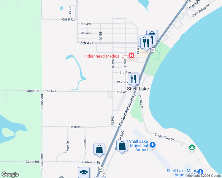map of restaurants, bars, coffee shops, grocery stores, and more near 221 1st Avenue in Shell Lake