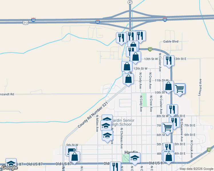 map of restaurants, bars, coffee shops, grocery stores, and more near 1002 North Mitchell Avenue in Hardin