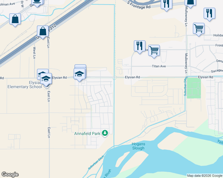 map of restaurants, bars, coffee shops, grocery stores, and more near 5855 Elysian Road in Billings
