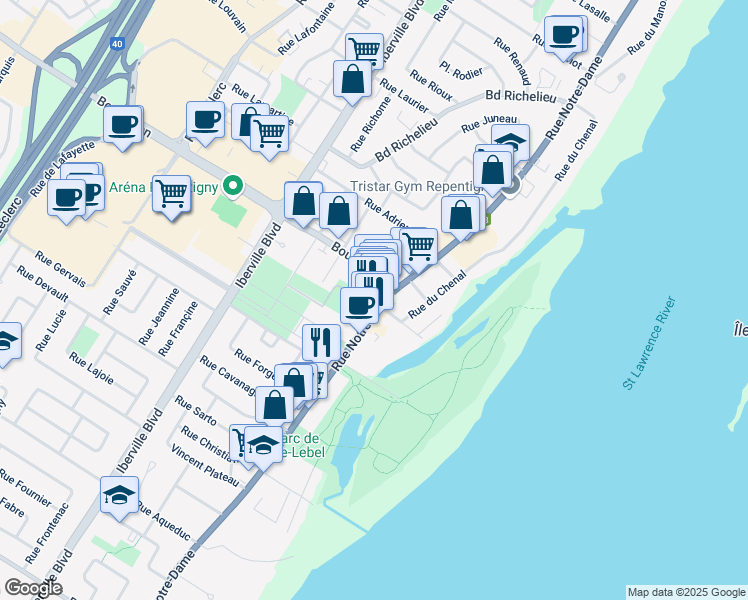 map of restaurants, bars, coffee shops, grocery stores, and more near 465 Rue Notre Dame in Repentigny