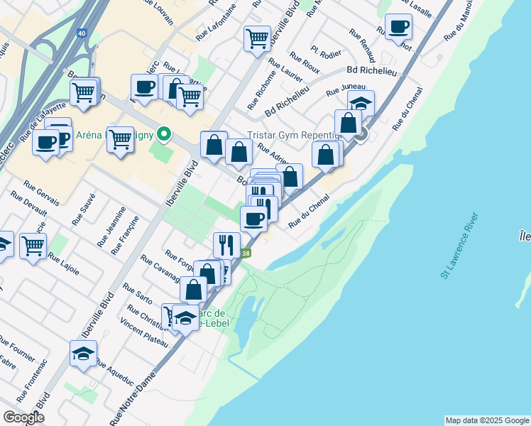 map of restaurants, bars, coffee shops, grocery stores, and more near 465 Rue Notre Dame in Repentigny