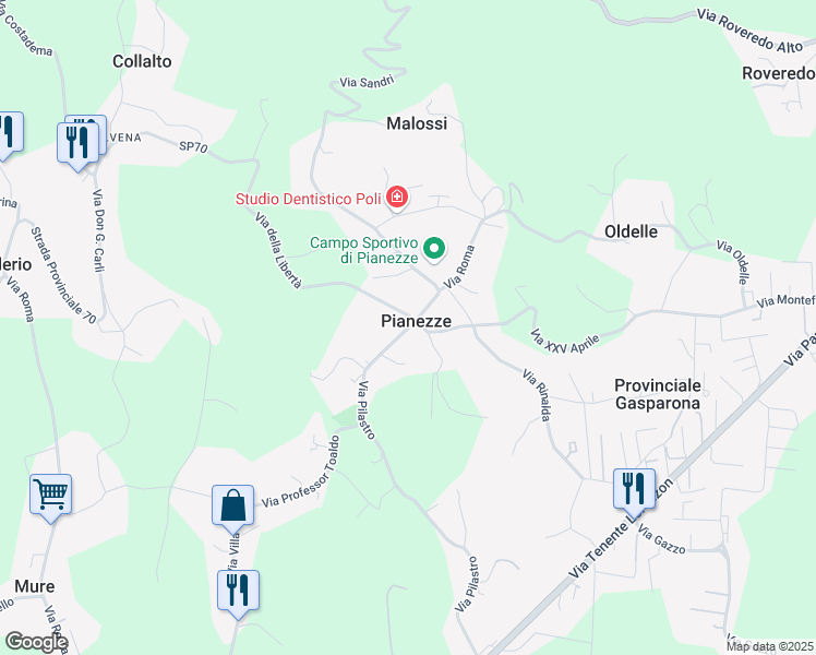 map of restaurants, bars, coffee shops, grocery stores, and more near 2 Via Roma in Pianezze