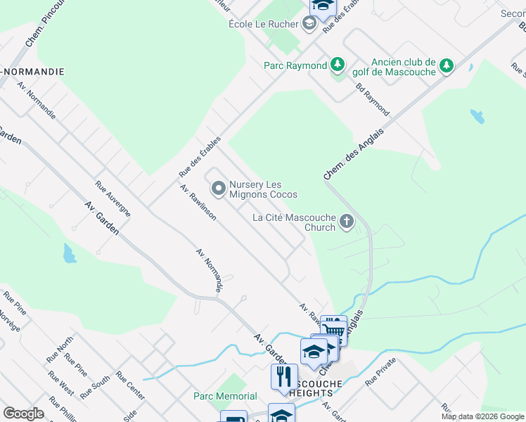 map of restaurants, bars, coffee shops, grocery stores, and more near 1461 Rue Poirier in Mascouche