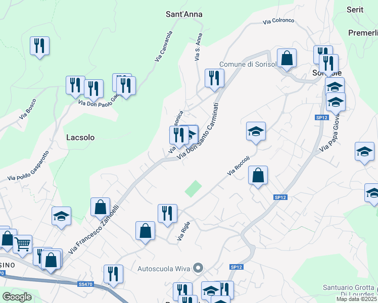 map of restaurants, bars, coffee shops, grocery stores, and more near Strada Provinciale 12 in Sorisole