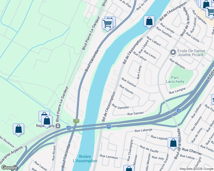 map of restaurants, bars, coffee shops, grocery stores, and more near 32 Rue Labadie in Repentigny
