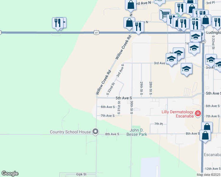 map of restaurants, bars, coffee shops, grocery stores, and more near South 32nd Street in Escanaba