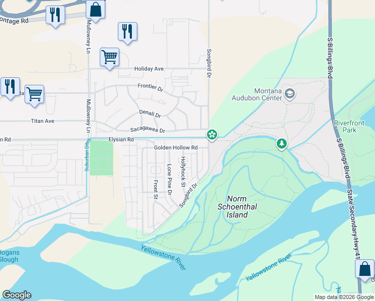 map of restaurants, bars, coffee shops, grocery stores, and more near 5238 Golden Hollow Road in Billings