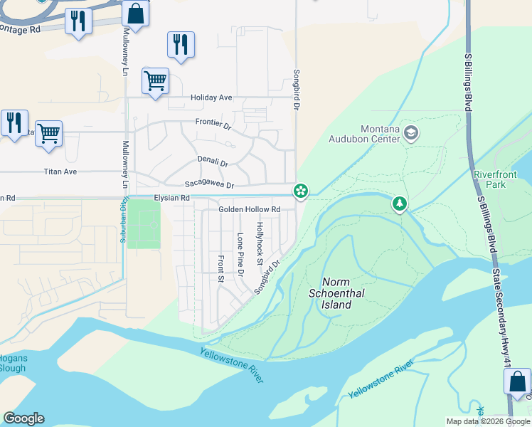 map of restaurants, bars, coffee shops, grocery stores, and more near 1630 Hidden Cove Lane in Billings