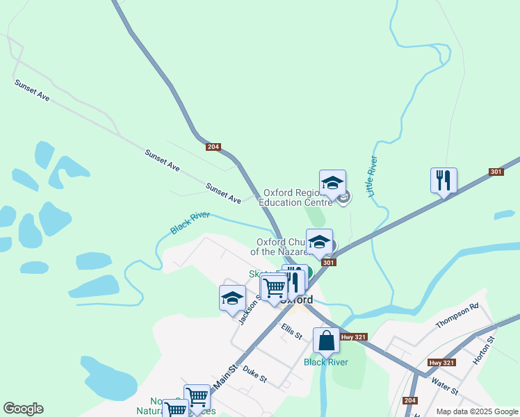 map of restaurants, bars, coffee shops, grocery stores, and more near 6730 Little River Road in Oxford