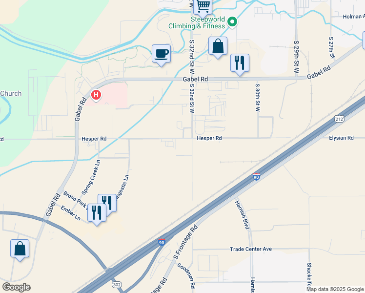 map of restaurants, bars, coffee shops, grocery stores, and more near 1630 South 32nd Street West in Billings