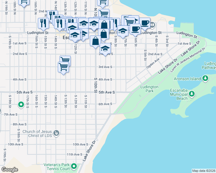 map of restaurants, bars, coffee shops, grocery stores, and more near 601-629 S 9th St in Escanaba