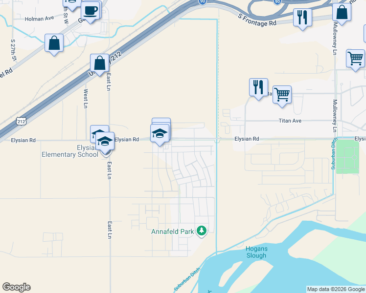 map of restaurants, bars, coffee shops, grocery stores, and more near 6132 Elysian Road in Billings