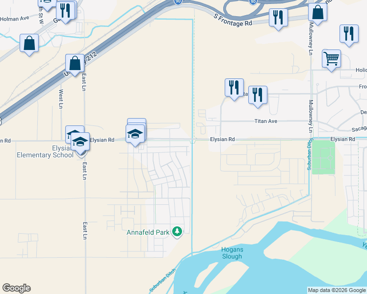 map of restaurants, bars, coffee shops, grocery stores, and more near 6014 Elysian Road in Billings