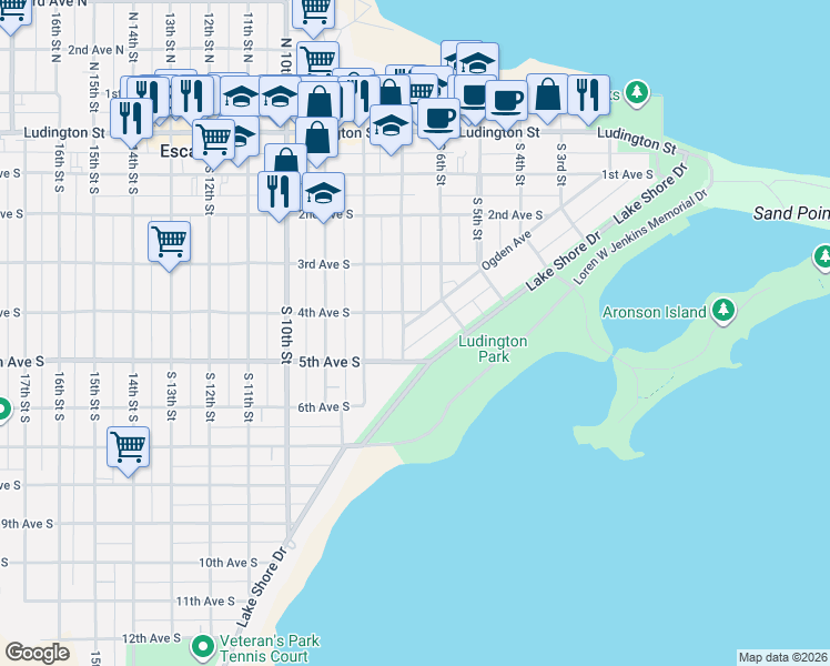 map of restaurants, bars, coffee shops, grocery stores, and more near 500-506 South 6th Street in Escanaba