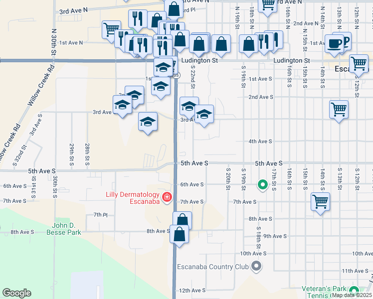 map of restaurants, bars, coffee shops, grocery stores, and more near 501 South Lincoln Road in Escanaba