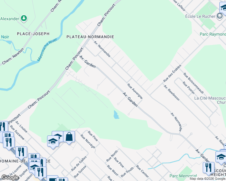 map of restaurants, bars, coffee shops, grocery stores, and more near Place Calvados in Mascouche