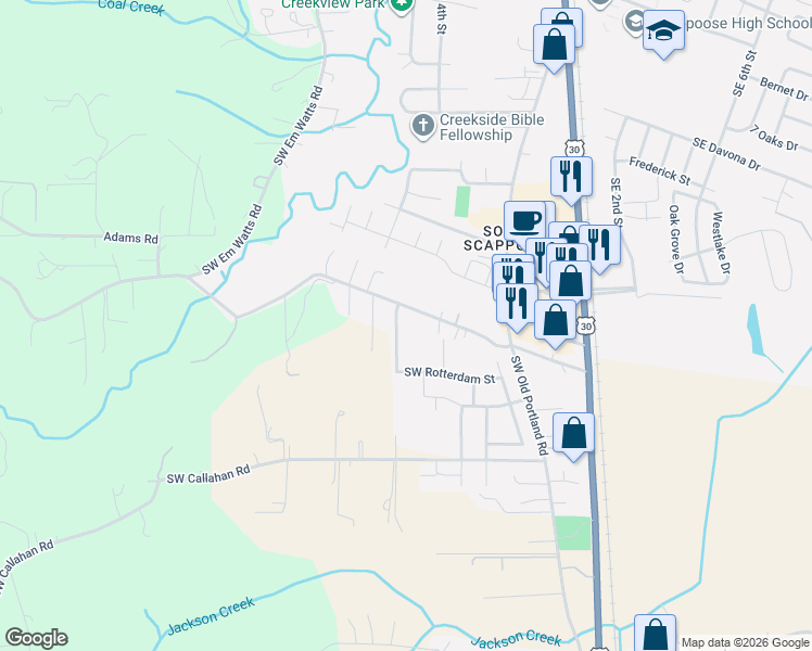map of restaurants, bars, coffee shops, grocery stores, and more near 33260 Southwest Dutch Canyon Road in Scappoose