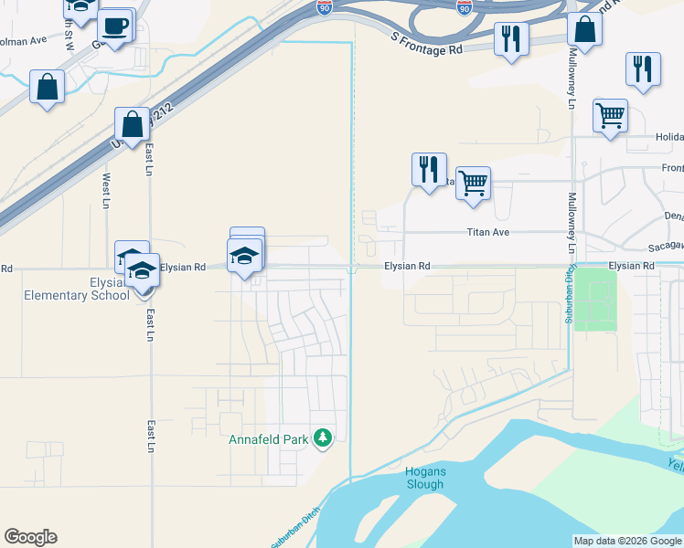 map of restaurants, bars, coffee shops, grocery stores, and more near 5855 Elysian Road in Billings
