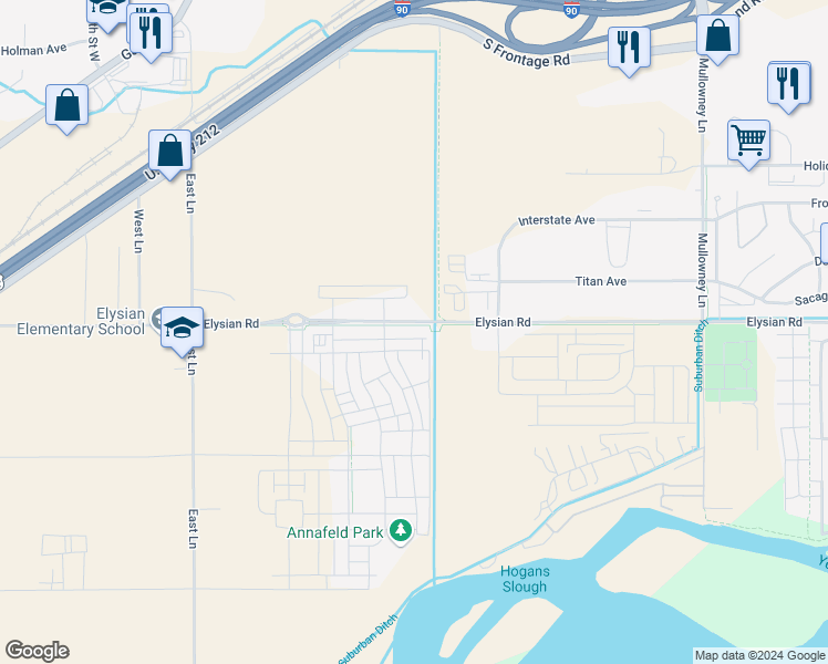 map of restaurants, bars, coffee shops, grocery stores, and more near 5855 Elysian Road in Billings
