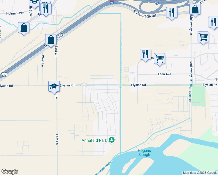 map of restaurants, bars, coffee shops, grocery stores, and more near 5855 Elysian Road in Billings
