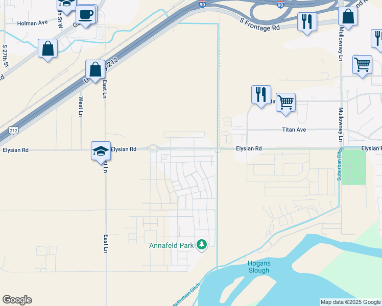 map of restaurants, bars, coffee shops, grocery stores, and more near 5855 Elysian Road in Billings