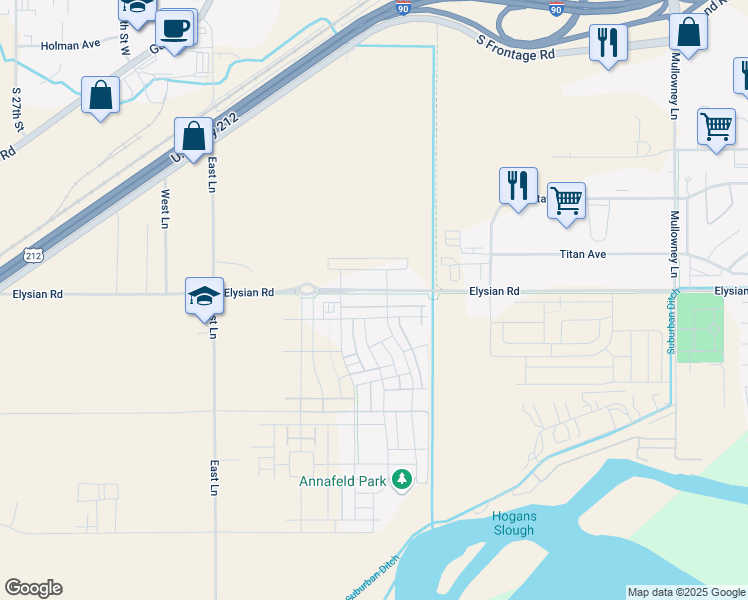 map of restaurants, bars, coffee shops, grocery stores, and more near 5855 Elysian Road in Billings