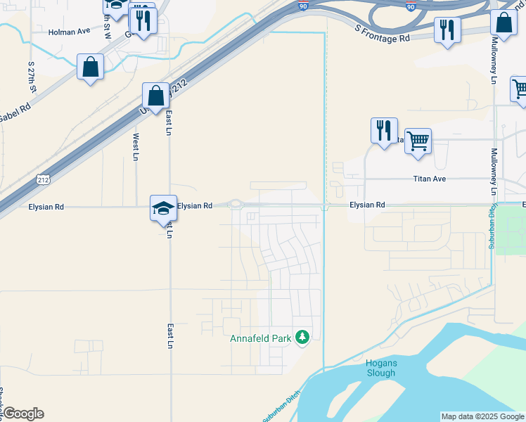 map of restaurants, bars, coffee shops, grocery stores, and more near 1635 Annas Garden Lane in Billings