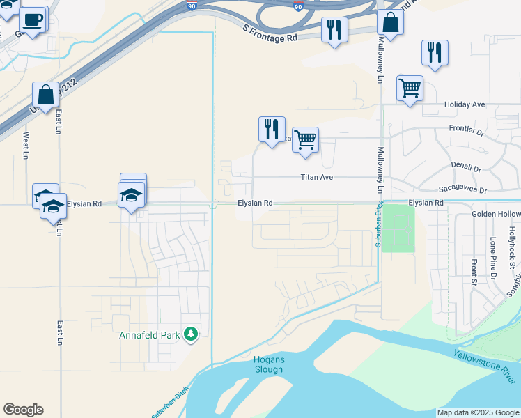 map of restaurants, bars, coffee shops, grocery stores, and more near 5900 Elysian Road in Billings