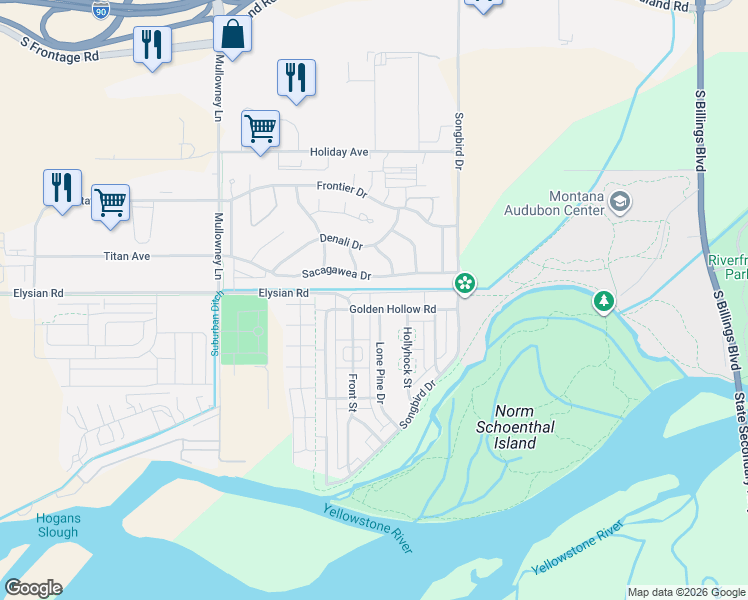 map of restaurants, bars, coffee shops, grocery stores, and more near 5308 Sacagawea Drive in Billings