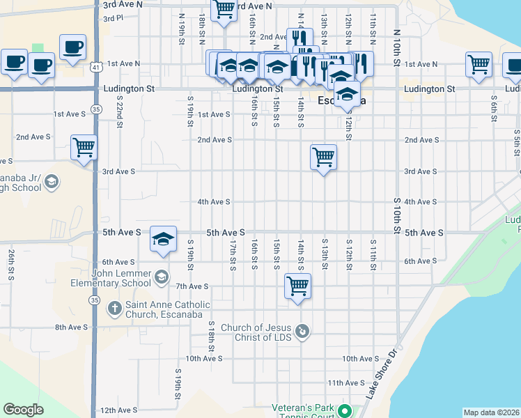 map of restaurants, bars, coffee shops, grocery stores, and more near 1500-1598 4th Avenue South in Escanaba