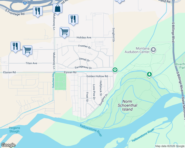 map of restaurants, bars, coffee shops, grocery stores, and more near 5308 Sacagawea Drive in Billings