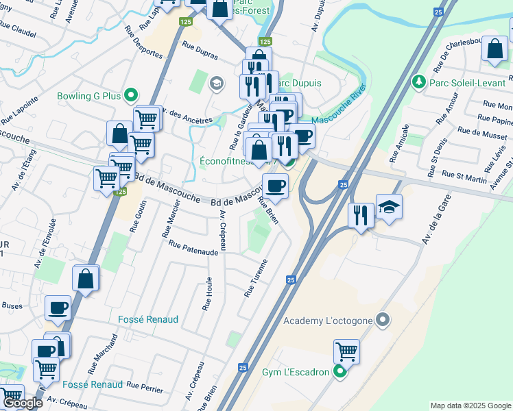 map of restaurants, bars, coffee shops, grocery stores, and more near 833 Rue Beaudoin in Mascouche